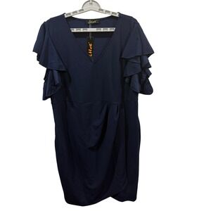 Ihot Navy Blue Ruffle‎ Sleeve V-Neck Wrap Front Sheath Cocktail Dress 2XL NWT